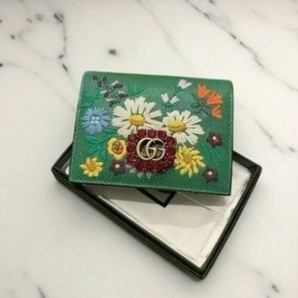 NIB Authentic Gucci Textured Calfskin Crystal Fiori Floral Embroidered Card Case - Picture 2 of 4
